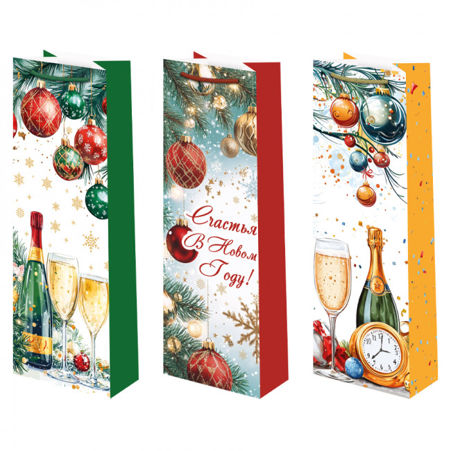 Пакет подарочный 12смх36см "Бутылка НГ", матовый микс, Микрос/Ч54939 (12)