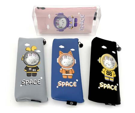 Пенал   CM-603 "Заяц космонавт" косметичка, текстиль, прозрачное окошко с блестками, цвета ассорти, в упаковке ПВХ (1/12/288)