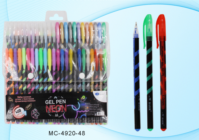 Набор гелевых ручек: ароматизированные, неон, пастель, с блёстками, суперметаллик, пластиковый корпус /чёрно-цветная винтовая полоска/, цветной колпачок /в цвет чернил/, упаковка с европодвесом, толщина пишущего наконечника 1,0mm, 48 цветов