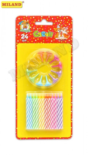 Свечи для торта с подставками. Цветное ассорти,  24 шт.  С-0466