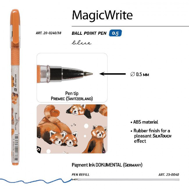 Ручка шариковая 0,5мм синяя "MagicWrite. Красные панды", BV/20-0240/38 (24)