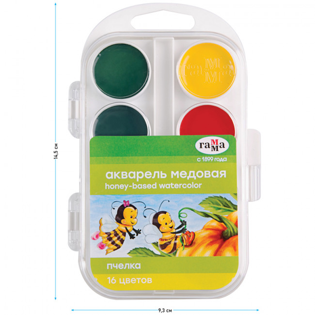 Акварель "Пчелка NEW", медовая, 16 цветов, б/кисти, пластик. упак., Гамма (16)