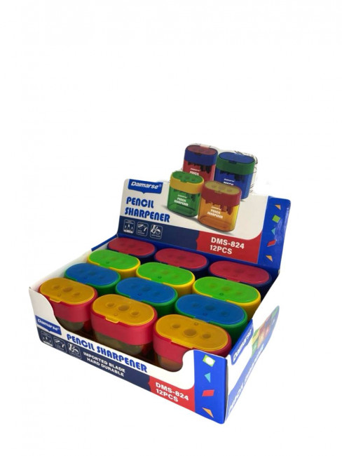 Точилка пластиковая на 3 отверстия , овальный контейнер, ассорти 4 цвета, Daimarse/DMS824 (12)