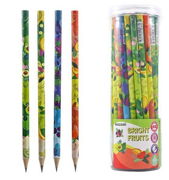 Карандаш чернографитный деревянный BRIGHT FRUITS, HB, корпус круглый, ассорти 4 дизайна, пластиковая туба