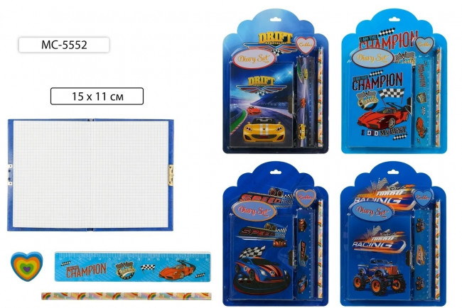 Блокнот: "МАШИНЫ"; блокнот+линейка+карандаш ч/г+ластик; яркая обложка 7-БЦ, клетка, с замочком 15*11 см; цветной рисунок /ассорти/, линейка 15 см, на картонной подложке.