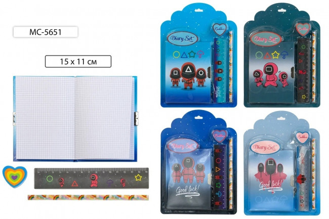 Блокнот: "КОСМОНАВТ"; блокнот+линейка+карандаш ч/г+ластик; яркая обложка 7-БЦ с замочком 15*11 см; цветной рисунок /ассорти/, линейка 15 см, на картонной подложке.