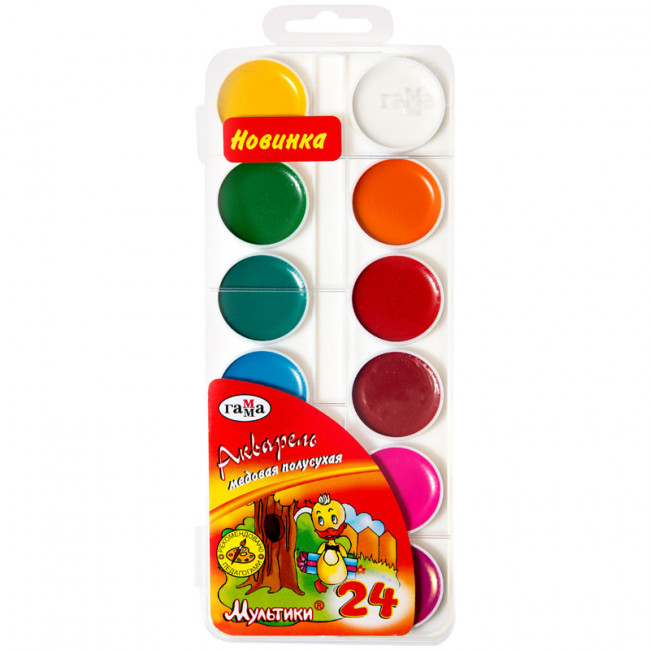 Акварель Гамма "Мультики" NEW, медовая, 24 цвета, без кисти, пластик. упак., европодвес (18) Акварель Гамма "Мультики" NEW, медовая, 24 цвета, без кисти, пластик. упак., европодвес (18)