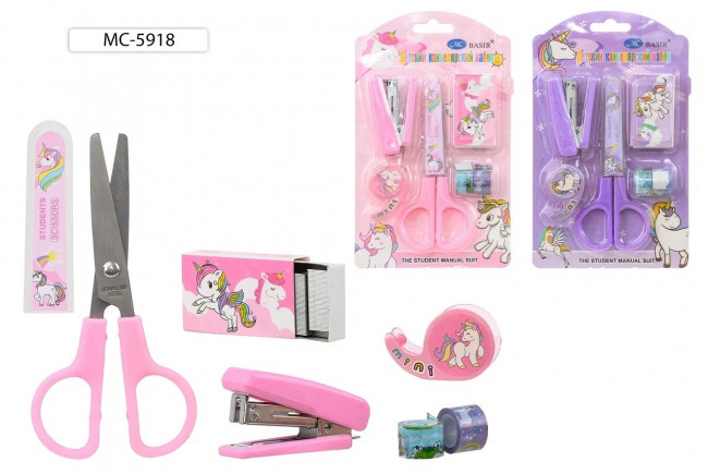 Набор подарочный канцелярский: детский "Единорог", ножницы, степлер, скобы, яркий цветной скотч, диспенсер, Basir/МС-5918
