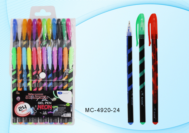 Набор гелевых ручек: ароматизированные, неон; частично с блёстками, пластиковый корпус /чёрно-цветная винтовая полоска/, цветной колпачок /в цвет чернил/, упаковка с европодвесом, толщина пишущего наконечника 1,0mm, 24 цвета.