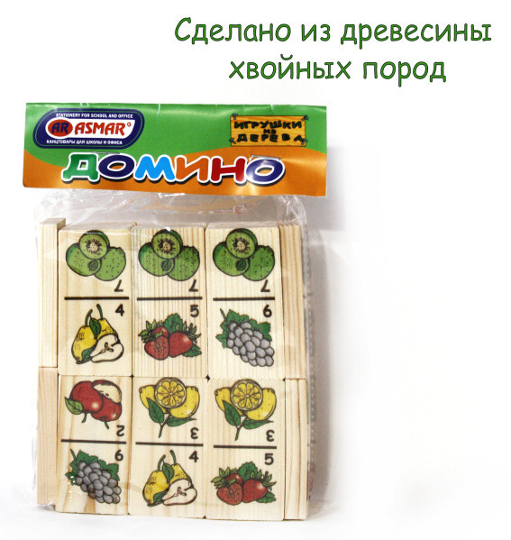 Домино 30/60мм "Фигуры и ягоды" из дерева, 28 элементов, Asmar