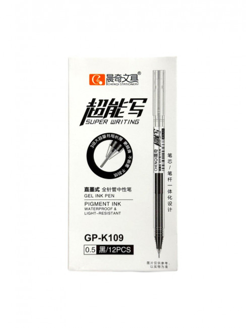 Ручка гелевая черн., 0,5мм, игольчатый стержень, прозрачный корпус, Chenqi/GP-K109Black (12) Ручка гелевая черн., 0,5мм, игольчатый стержень, прозрачный корпус, Chenqi/GP-K109Black (12)