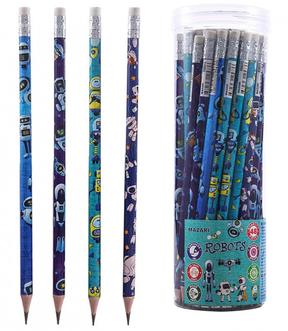 Карандаш чернографитный пластиковый , HB, с ластиком, корпус круглый, ассорти 4 дизайна, пластиковая туба