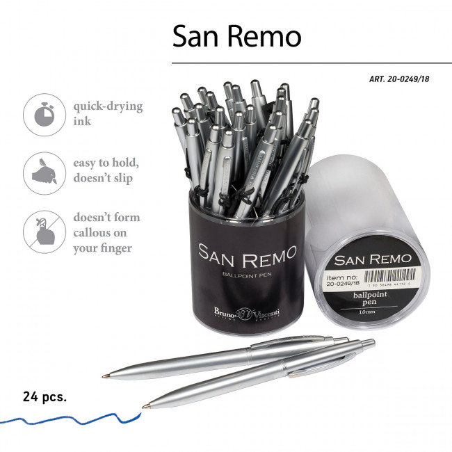 Ручка автоматическая 1,0мм синяя "San Remo", в тубе, цвет корпуса серебро, BV/20-0249/18 (24)