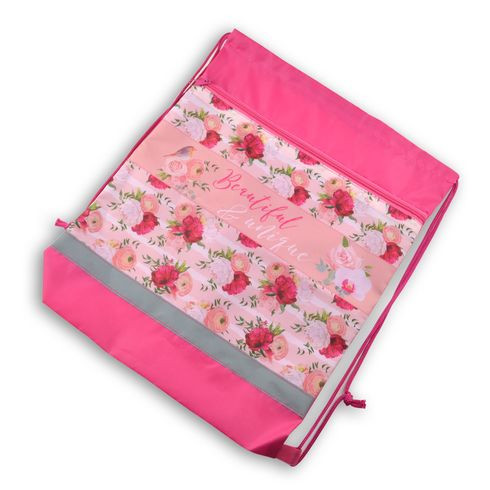 Сумка-мешок для сменной обуви BG "Pink dream" 415*340 мм, с карманом и светоотражающей полосой, на молнии, текстиль с рисунком Сумка-мешок для сменной обуви BG "Pink dream" 415*340 мм, с карманом и светоотражающей полосой, на молнии, текстиль с рисунком