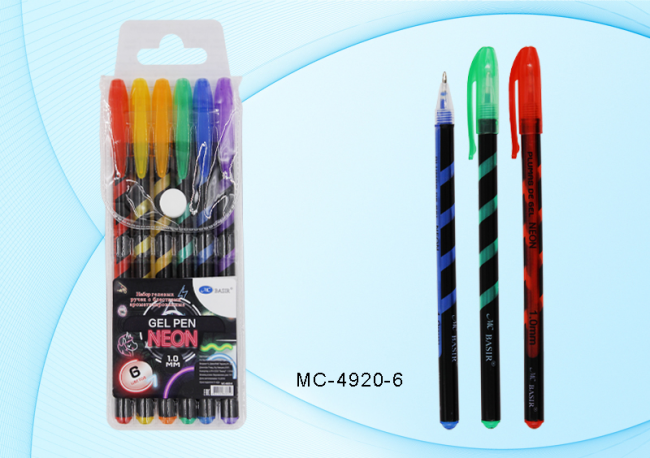 Набор гелевых ручек: ароматизированные, с блёстками; пластиковый корпус /чёрно-цветная винтовая полоска/, цветной колпачок /в цвет чернил/, упаковка с европодвесом, толщина пишущего наконечника 1,0mm, 6 цветов.