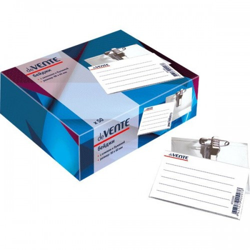 Бейдж "deVENTE" 90x57 мм, горизонтальный, 250 мкм, прозрачный, с булавкой и клипом (50)