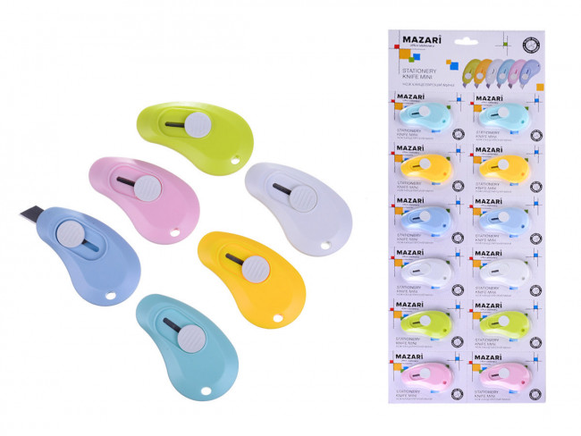 Нож канцелярский мини 60*35 мм, ширина лезвия 9 мм, ассорти 6 цветов, блистер с европодвесом (12) Нож канцелярский мини 60*35 мм, ширина лезвия 9 мм, ассорти 6 цветов, блистер с европодвесом (12)