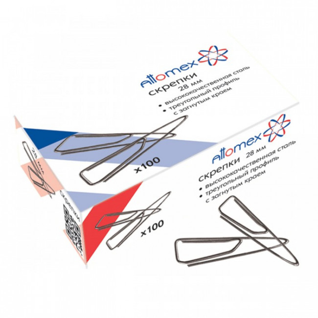 СКРЕПКИ МЕТАЛЛИЧЕСКИЕ "ATTOMEX" ТРЕУГОЛЬНЫЙ ПРОФИЛЬ С ЗАГНУТЫМ КРАЕМ, ОЦИНКОВАННЫЕ 28 ММ, 100 ШТ В КАРТОННОЙ КОРОБКЕ