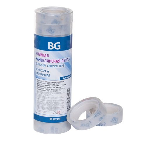 Клейкая канцелярская лента 12 мм * 21 м, BG, прозрачная, в термоусадке