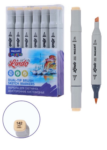 Маркер для скетчинга двусторонний LINDO, pale cream, кистевид./клиновид.наконечники, пиш.узлы 1.0-6.2мм, ПВХ- упаковка