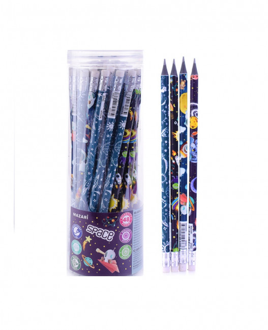 Карандаш чернографитный пластиковый SPACE, HB, с ластиком, корпус круглый, ассорти 4 дизайна, пластиковая туба