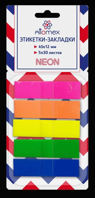 Набор самоклеящихся этикеток-закладок "Attomex" пластиковые полупрозрачные, в диспенсере Z-сложение, 45x12 мм, 5x30 листов, 5 неоновых цветов, в картонном блистере