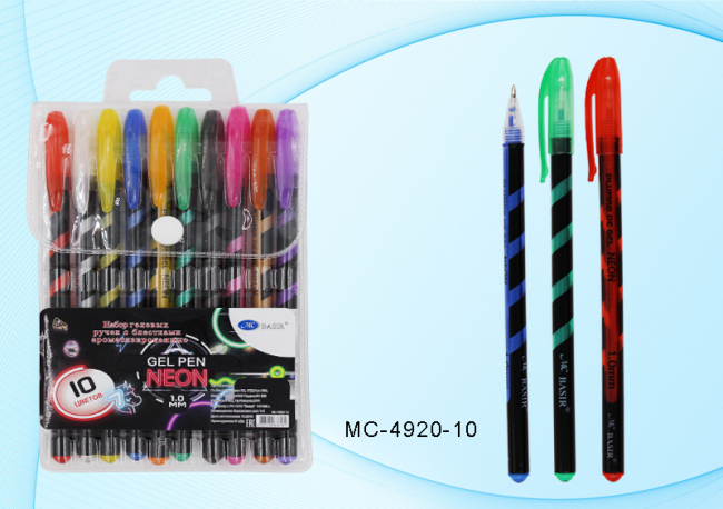 Набор гелевых ручек: ароматизированные, с блёстками; пластиковый корпус /чёрно-цветная винтовая полоска/, цветной колпачок /в цвет чернил/, упаковка с европодвесом, толщина пишущего наконечника 1,0mm, 10 цветов.