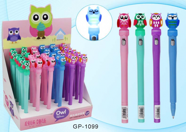 Шариковая ручка детская+фонарик; "СОВА"; цветной  корпус /ассорти/,  прорезиненный клип фонарик-сова, цвет чернил-синий (36/576)