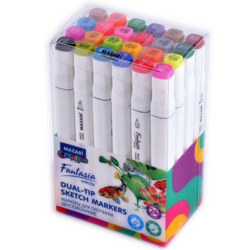 Набор маркеров для скетчинга двусторонних FANTASIA WHITE, 24 цв., Main colors (основные цвета), пулевид./клиновид.наконечники, пиш.узлы 2.5-6.2 мм, ПВХ-упаковка