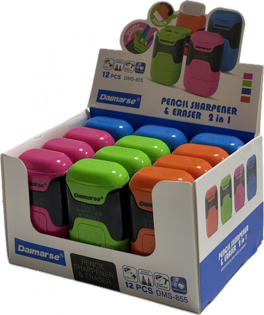 Точилка фигурная пластиковая двойная, с ластиком, ассорти цвета, Daimarse/DMS855 (12) Точилка фигурная пластиковая двойная, с ластиком, ассорти цвета, Daimarse/DMS855 (12)