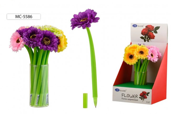 Шариковая ручка: "ГЕРБЕРЫ"; прорезиненный корпус зелёного цвета, наконечник цветок, цвет чернил-синий/ МС-5586 (16)