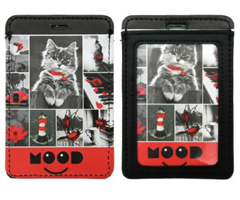 Обложка для проездного билета DC-806 черно-красная "Котик" 2 кармана, А7, гладкая экокожа (2/1000)