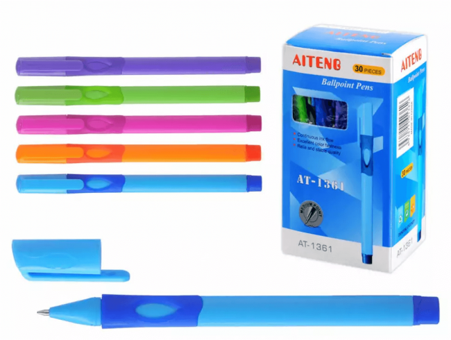 Ручка шариковая СИНЯЯ, для ПРАВШЕЙ, пулевидный пиш.узел 0.7мм, корпус пластиковый трехгранный, ассорти 5 цветов, с резиновым грипом, картонная упаковка