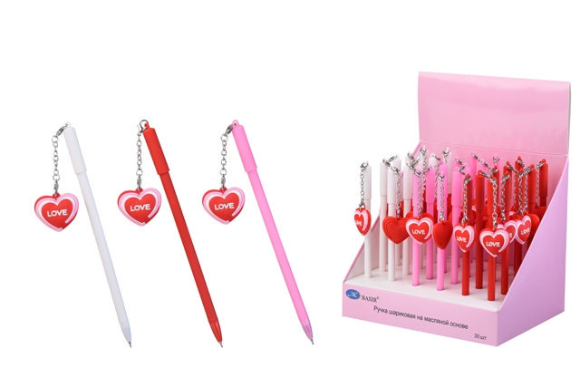 Шариковая ручка с чернилами на масляной основе: детская; "LOVE maxi", колпачок со съёмным брелоком в виде сердца, цветной корпус /ассорти/, цвет чернил синий.