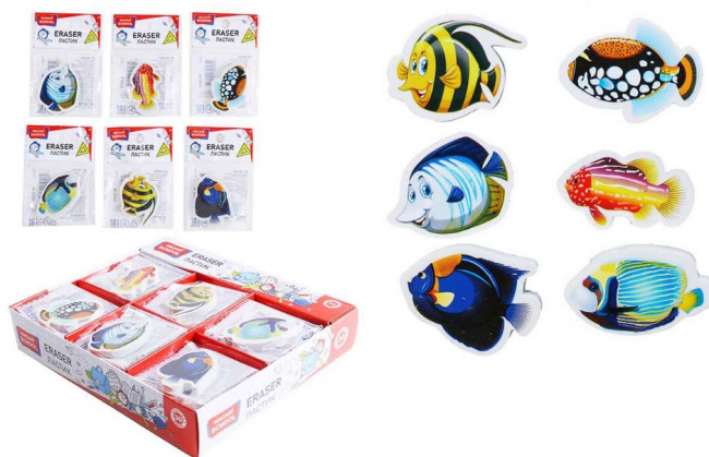 Ластик FISH, термопластичная резина, фигурный, 6 дизайнов, ОПП- упаковка / картонный дисплей Ластик FISH, термопластичная резина, фигурный, 6 дизайнов, ОПП- упаковка / картонный дисплей