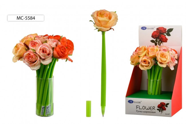 Шариковая ручка: "РОЗА"; прорезиненный корпус зелёного цвета, наконечник роза/цвета в ассортименте/, цвет чернил-синий/ МС-5584(16) Шариковая ручка: "РОЗА"; прорезиненный корпус зелёного цвета, наконечник роза/цвета в ассортименте/, цвет чернил-синий/ МС-5584(16)