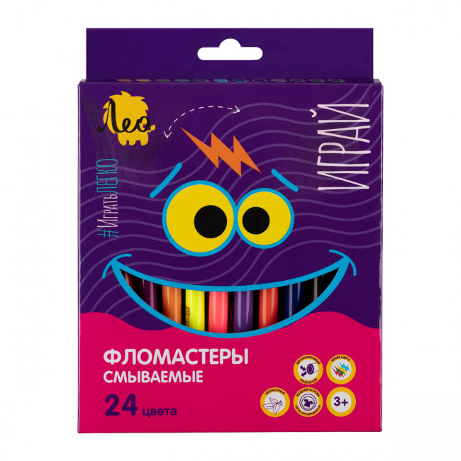 Фломастеры цветные 24 цветов "Играй", смываемые, Лео/LPFP-24 (24)