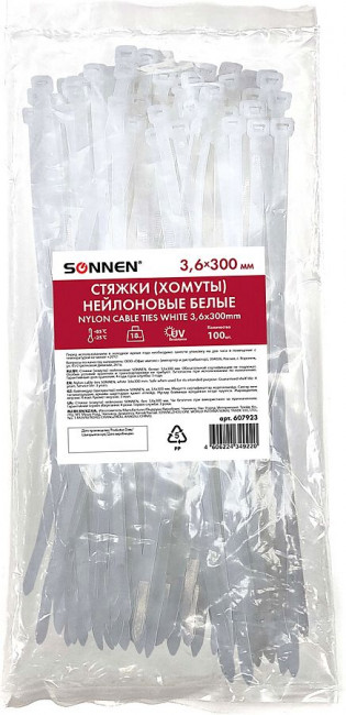 Стяжка (хомут) нейлоновая сверхпрочная POWER LOCK, 3,6x300 мм, КОМПЛЕКТ 100 шт., белая, SONNEN Стяжка (хомут) нейлоновая сверхпрочная POWER LOCK, 3,6x300 мм, КОМПЛЕКТ 100 шт., белая, SONNEN