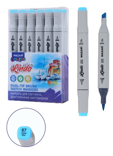 Маркер для скетчинга двусторонний LINDO, pastel blue, кистевид./клиновид.наконечники, пиш.узлы 1.0-6.2мм, ПВХ- упаковка
