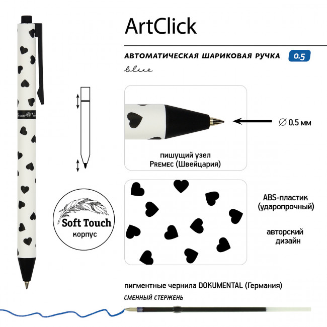 Ручка шариковая 0,5мм синяя "ArtClick. Сердечки", BV/20-0281/18 (24)