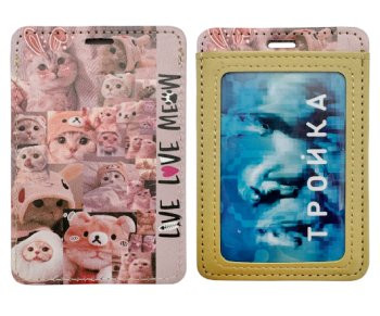 Обложка для проездного билета DC-808 бежево-розовый "Котики" 2 кармана, А7, гладкая экокожа  (2/1000)