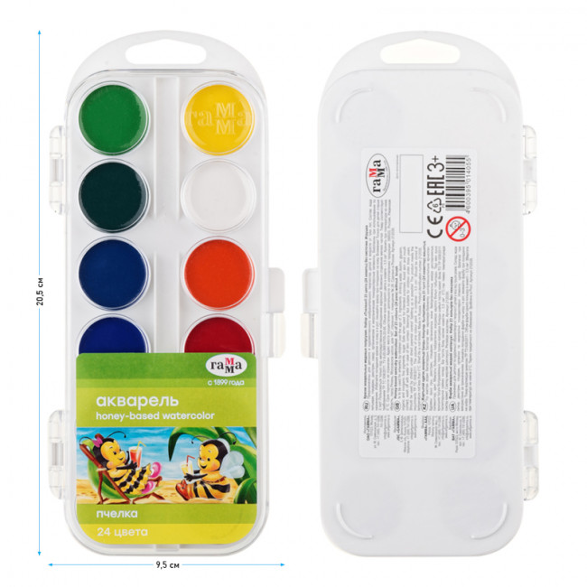 Акварель Гамма "Пчелка NEW", медовая, 24 цвета, без кисти, пластик. упак., европодвес (18)