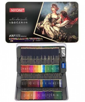 Карандаши 100 цв. Nyoni  CD-407/NY-11/NA-6 акварельные, деревянные, заточенные, в металлической коробке, кисть синтетика, ластик и точилка в комплекте №N28100 (1/2/12)