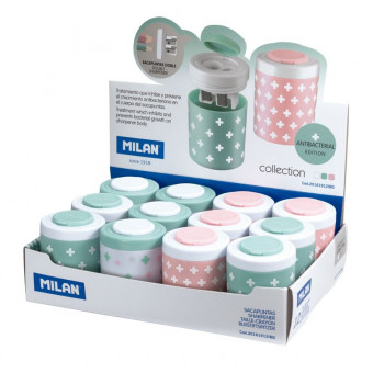 Точилка для карандашей MILAN COLLECTION ANTIBACTERIAL пластик 2 отверстия цвета ассорти 12шт/упак Точилка для карандашей MILAN COLLECTION ANTIBACTERIAL пластик 2 отверстия цвета ассорти 12шт/упак