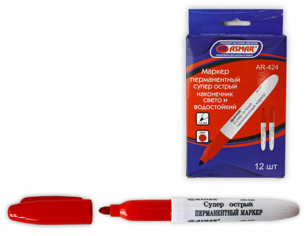 Маркер 1,2мм перманентный, супер острый наконечник, свето- и водостойкий, красный, Asmar (12)