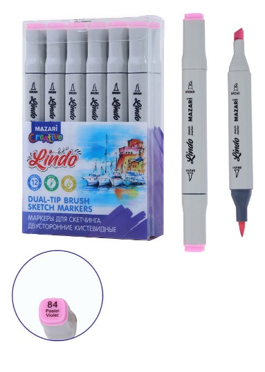 Маркер для скетчинга двусторонний LINDO, pastel violet, кистевид./клиновид.наконечники, пиш.узлы 1.0-6.2мм, ПВХ- упаковка