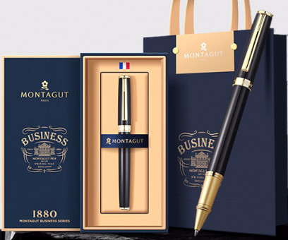 Ручка в футляре  TJ-74 Montagut (син) 0.5мм роллер, Черная c золотом, металлический корпус, в к/к M301-1 (1/20)