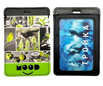 Обложка для проездного билета DC-810 черно-зеленый "Котик" 2 кармана, А7, гладкая экокожа (2/1000)