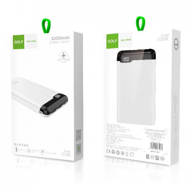 Powerbank 10000 mah/LED дисплей/In Micro usb,Type-C/Out Type-C,USB1А,2.1A/White/GOLF LCD21 Powerbank 10000 mah/LED дисплей/In Micro usb,Type-C/Out Type-C,USB1А,2.1A/White/GOLF LCD21
