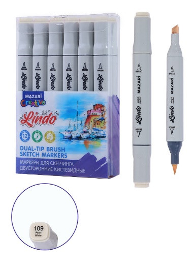 Маркер для скетчинга двусторонний LINDO, pearl white, кистевид./клиновид.наконечники, пиш.узлы 1.0-6.2мм, ПВХ- упаковка Маркер для скетчинга двусторонний LINDO, pearl white, кистевид./клиновид.наконечники, пиш.узлы 1.0-6.2мм, ПВХ- упаковка